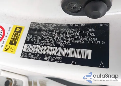 2010 Toyota Highlander Base V6 z USA, uszkodzony, nr VIN 5TDBK3EH7AS030601